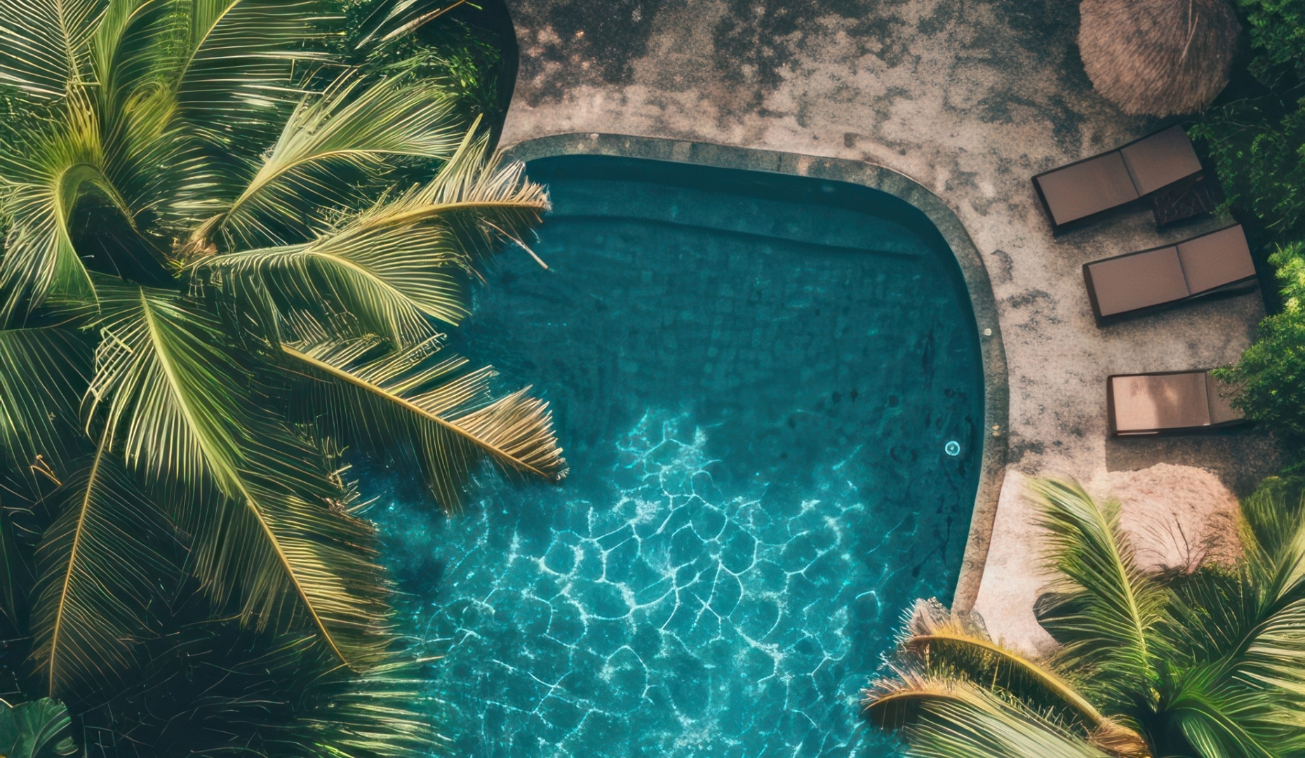 Drohnenaufnahme eines Pools mit Palmen